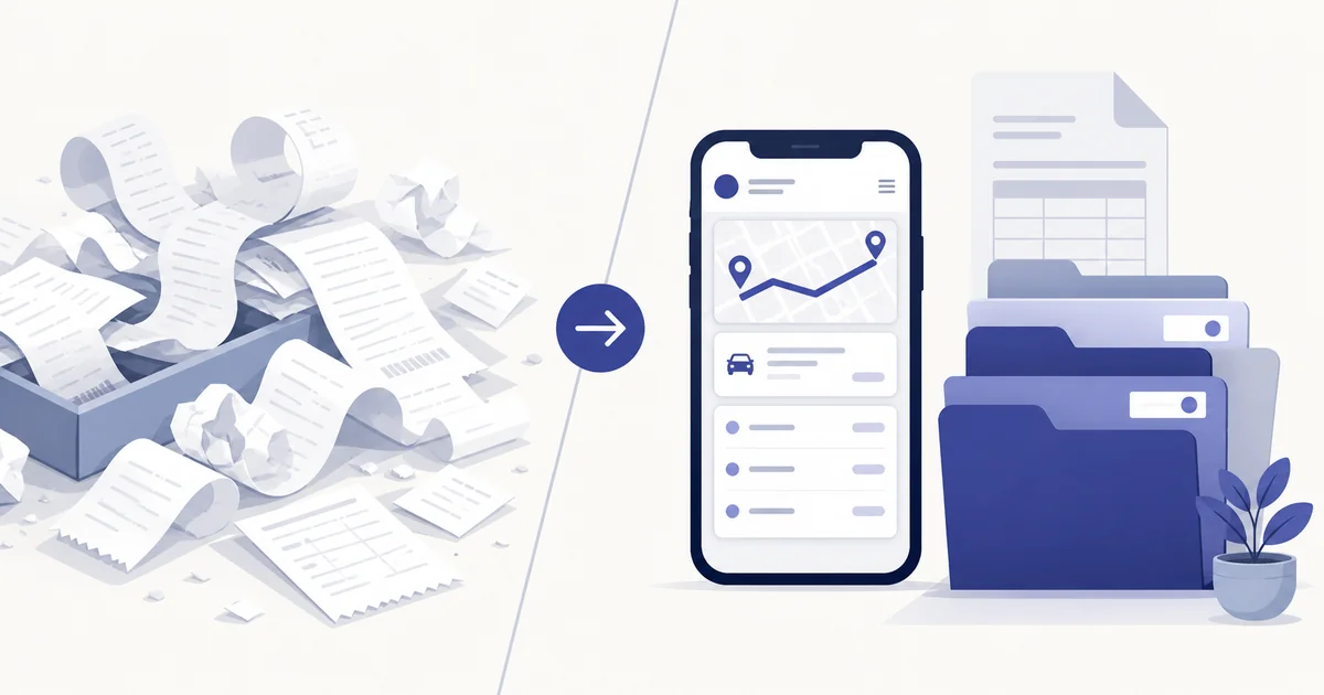 Contrast between scattered paper receipts and organized digital mileage or expense records for tax substantiation