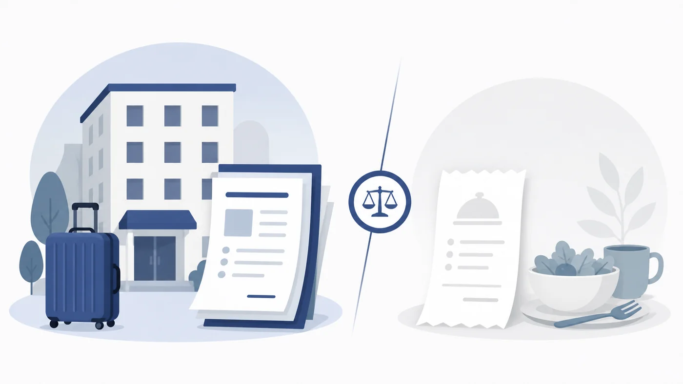 Abstract travel and lodging documentation concept for business trips and meal records