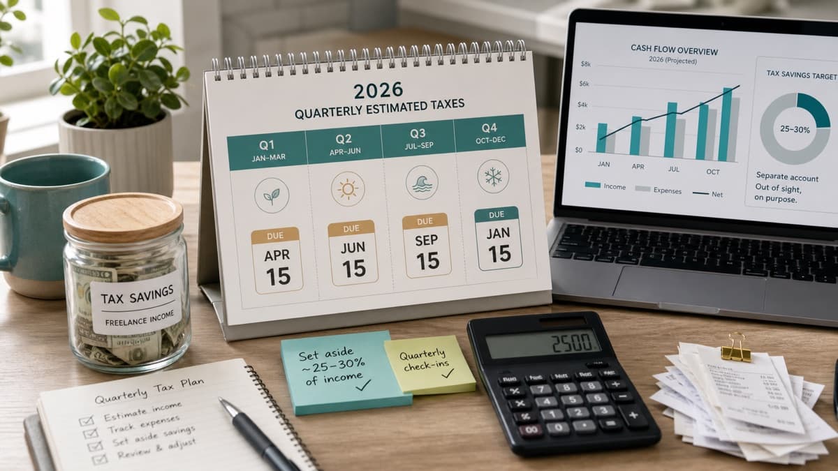 Quarterly estimated tax planning calendar for a first-year freelancer with tax savings and receipts