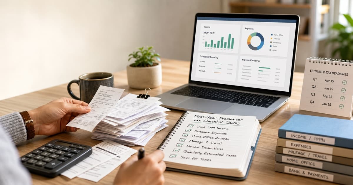 First-year freelancer organizing receipts, income records, expense categories, and estimated tax deadlines