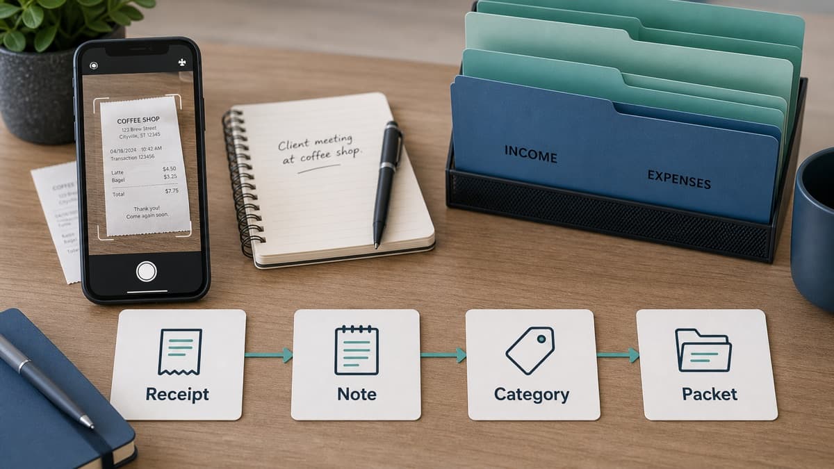 A freelancer tax proof chain showing receipt capture, business purpose note, category, and filing packet