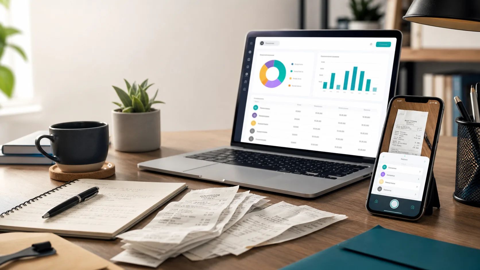 Freelancer business expense tracking workflow with receipts, a laptop dashboard, and a receipt scanner app