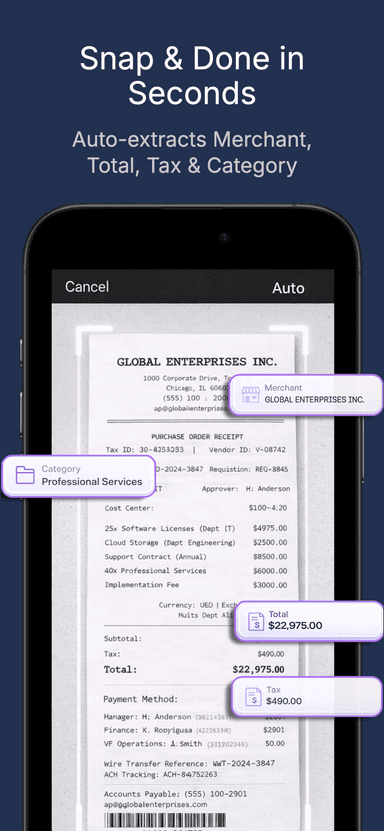 TaxLens AI scanning a receipt, auto-extracting merchant, total and tax