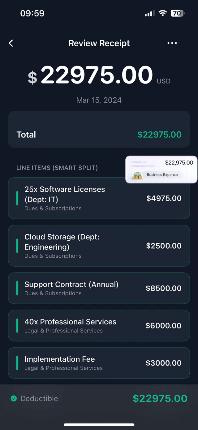 TaxLens tax-ready categorization interface showing business vs personal expense sorting